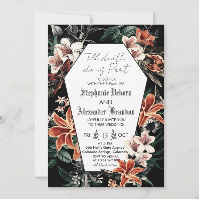 Till Death Floral Photo Halloween gothic Wedding Invitation (Front)