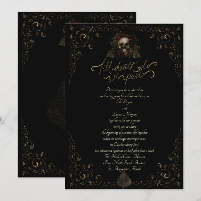 Till Death Golden Ornamental Elegant Goth Wedding Invitation (Front/Back)