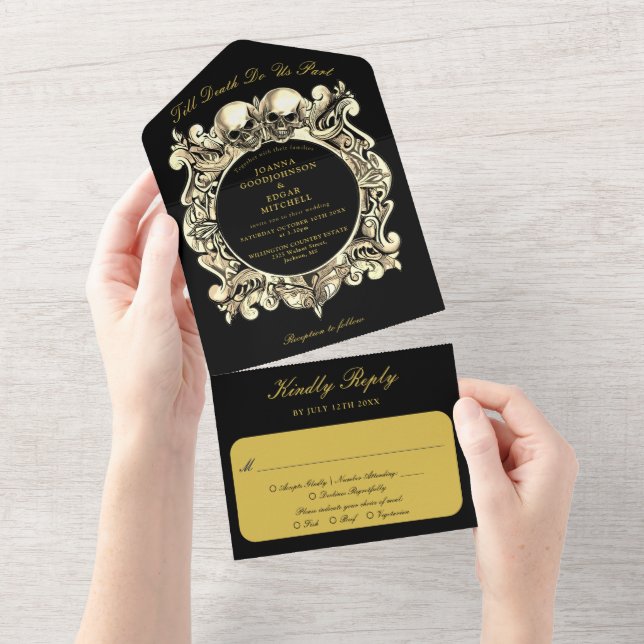 Till Death Gothic Black And Gold Monogram Wedding All In One Invitation (Tearaway)