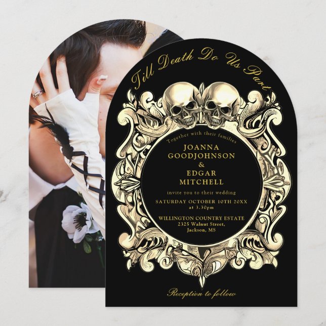 Till Death Gothic Black And Gold Photo Wedding Invitation (Front/Back)