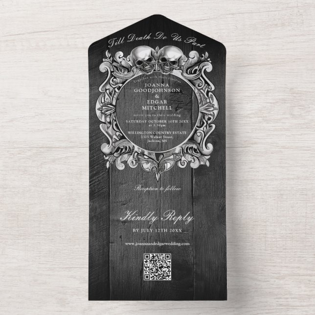 Till Death Gothic Black Wood QR Code Wedding All In One Invitation (Inside)