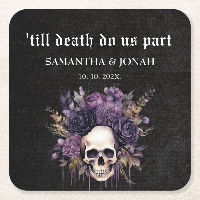 Till death Gothic Floral Skulls Wedding Favour  Square Paper Coaster (Front)