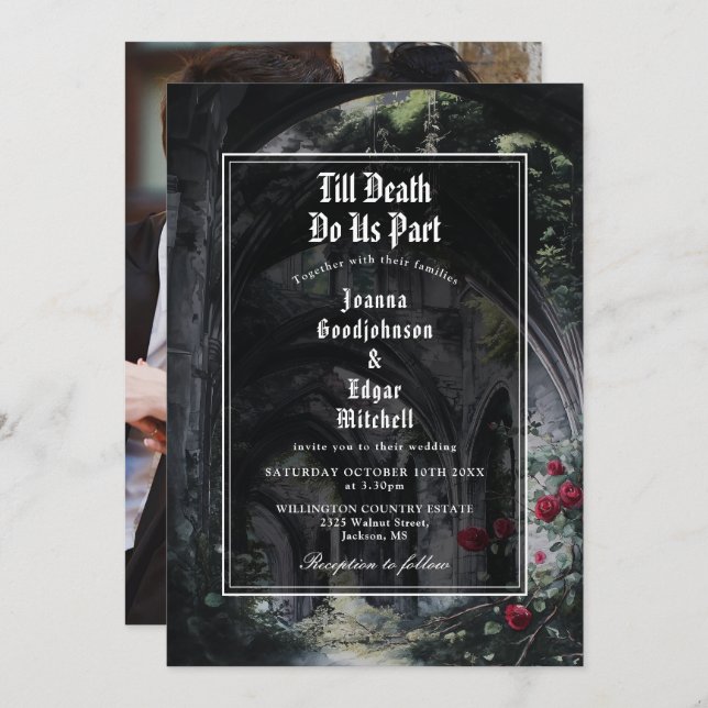 Till Death Gothic Ruins Roses Floral Photo Wedding Invitation (Front/Back)