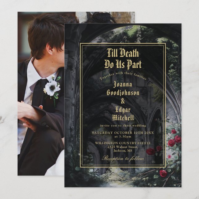 Till Death Gothic Ruins Roses Floral Photo Wedding Invitation (Front/Back)