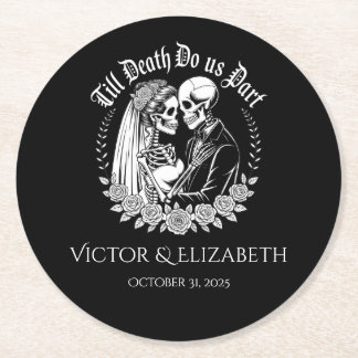 Till Death Gothic Skeleton Couple Black Wedding Round Paper Coaster