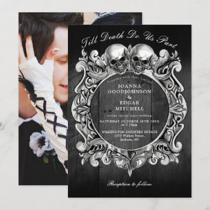 Till Death Gothic Skulls Black Wood Photo Wedding Invitation