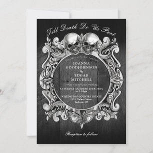 Till Death Gothic Skulls Black Wood Wedding Invitation