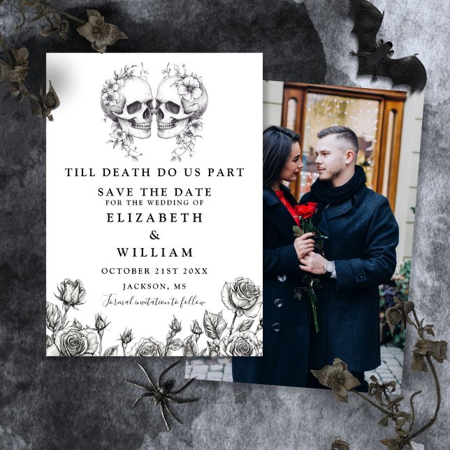 Till Death Gothic Skulls Floral Photo Wedding Save The Date (Till Death Gothic Skulls Floral Photo Wedding Save The Date)