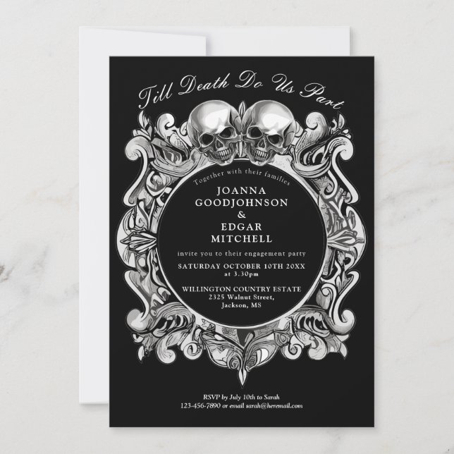 Till Death Gothic Skulls Monogram Engagement Party Invitation (Front)