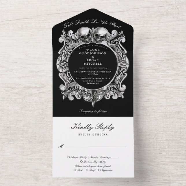 Till Death Gothic Skulls Monogram Wedding All In One Invitation (Inside)