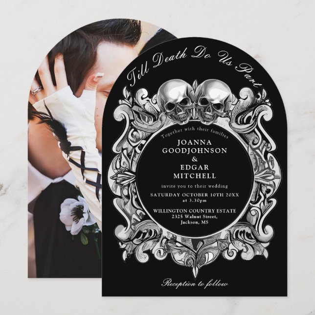 Till Death Gothic Skulls Photo Arched Wedding Invitation (Front/Back)