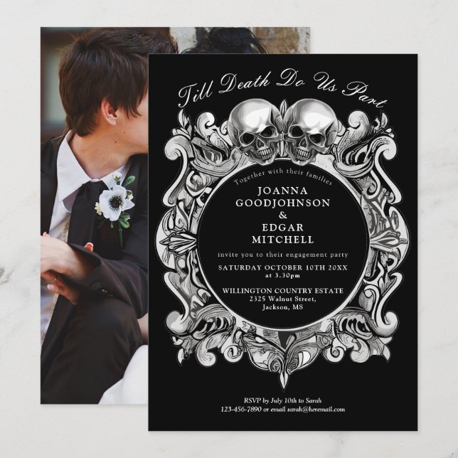 Till Death Gothic Skulls Photo Engagement Party Invitation (Front/Back)