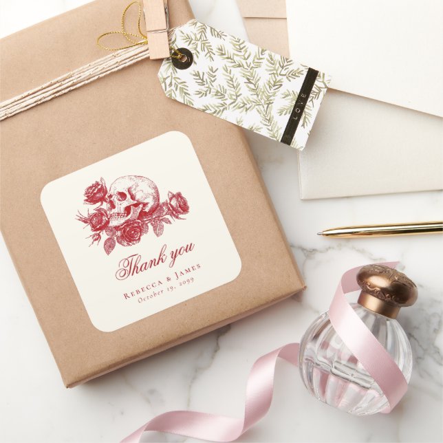 Till Death Red Skull Roses Gothic Wedding Square Sticker (Gifting)