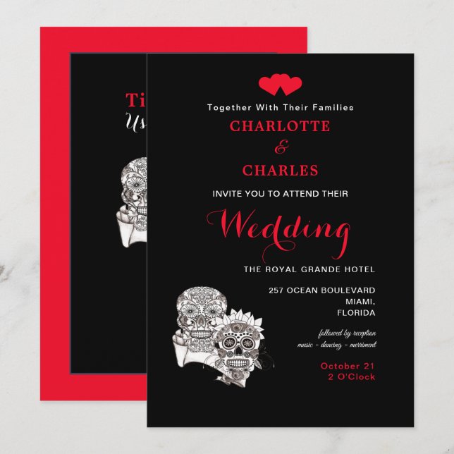 Till Death Us Do Part Skulls Red Black Wedding Invitation (Front/Back)