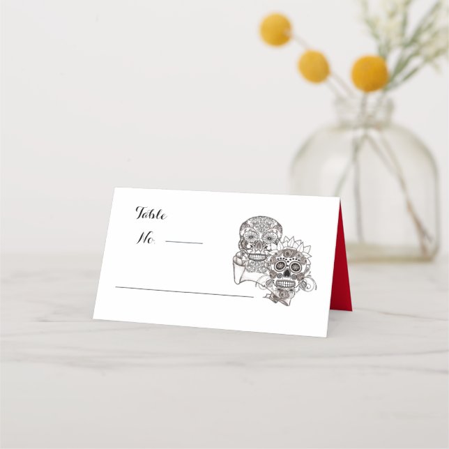 Till Death Us Do Part Skulls Red Black Wedding Place Card (Front)