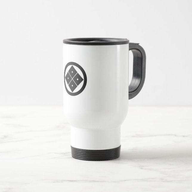 Tilted four-square-eyes in circle travel mug (Front Right)