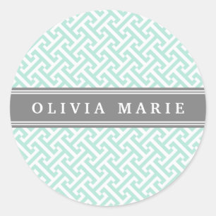 Tilted Mint Green Greek Key Pattern with Name Classic Round Sticker