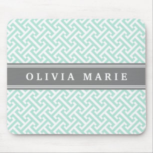 Tilted Mint Green Greek Key Pattern with Name Mouse Mat