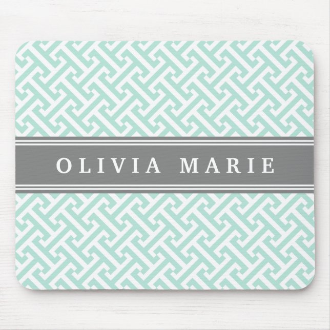 Tilted Mint Green Greek Key Pattern with Name Mouse Mat (Front)