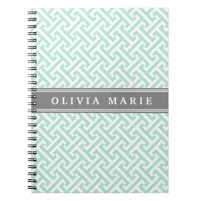 Tilted Mint Green Greek Key Pattern with Name Notebook (Front)
