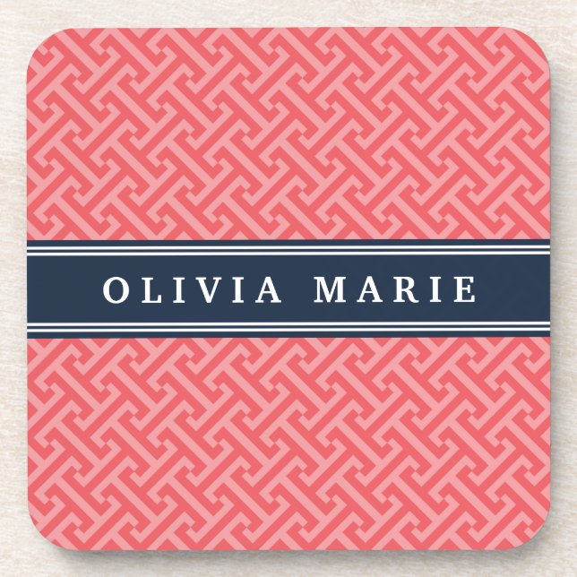 Tilted Watermelon Pink Greek Key Pattern with Name Coaster (Front)