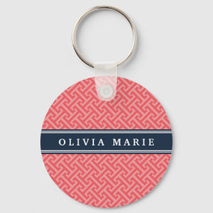 Tilted Watermelon Pink Greek Key Pattern with Name Ring