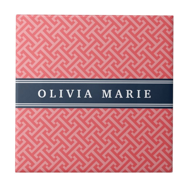 Tilted Watermelon Pink Greek Key Pattern with Name Tile (Front)