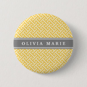 Tilted Yellow Greek Key Pattern with Name 6 Cm Round Badge