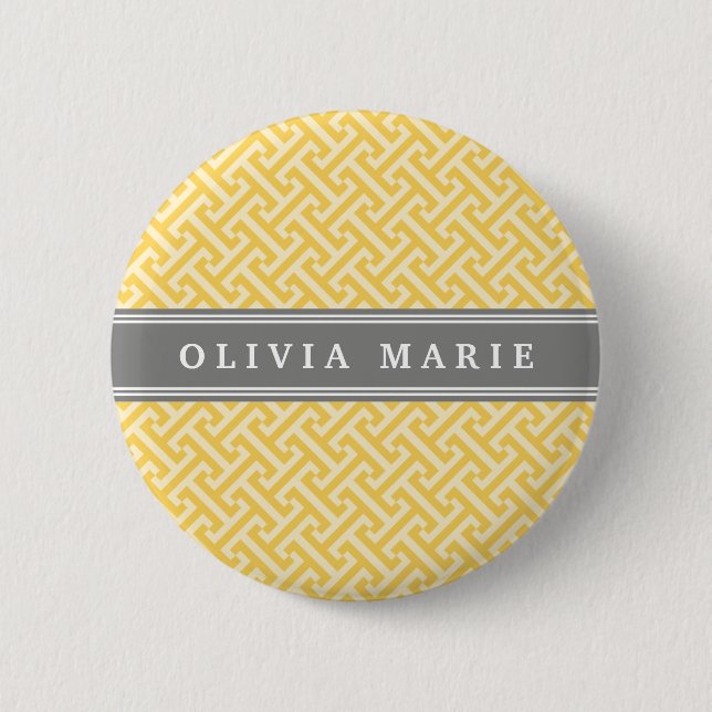 Tilted Yellow Greek Key Pattern with Name 6 Cm Round Badge (Front)