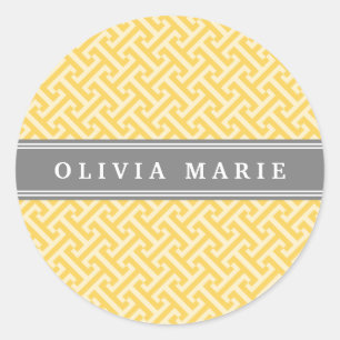 Tilted Yellow Greek Key Pattern with Name Classic Round Sticker