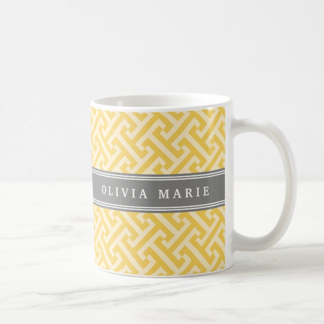 Tilted Yellow Greek Key Pattern with Name Coffee Mug (Right)