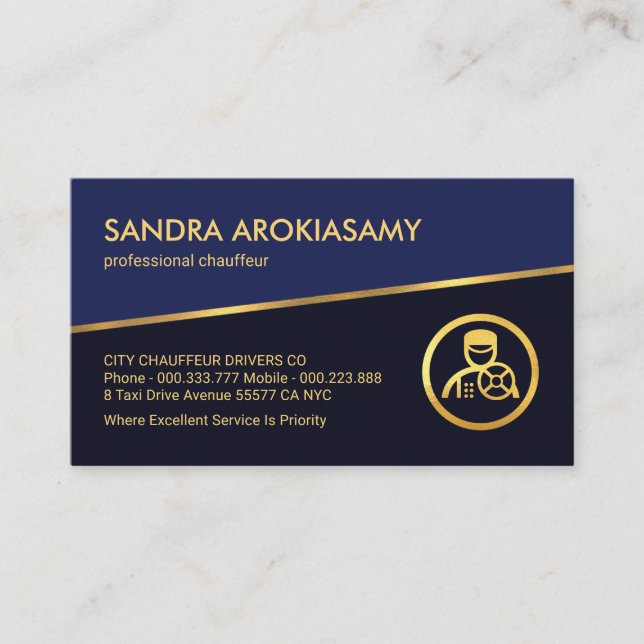 Tilting Gold Line Blue Shades Chauffeur Business Card (Front)