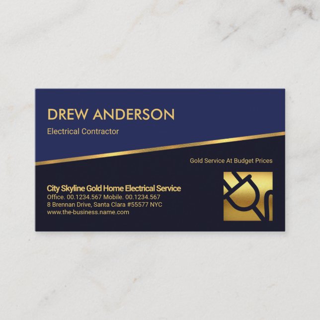 Tilting Gold Line Blue Shades Electrician Business Card (Front)