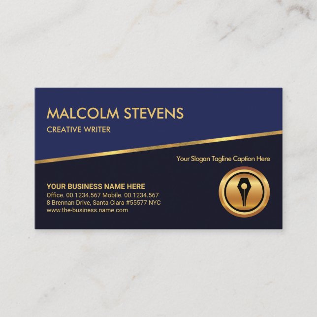 Tilting Gold Line Blue Shades Gold Pen Writer Business Card (Front)
