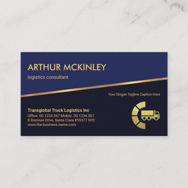 Tilting Gold Line Blue Shades Logistics Transport Business Card (Front)