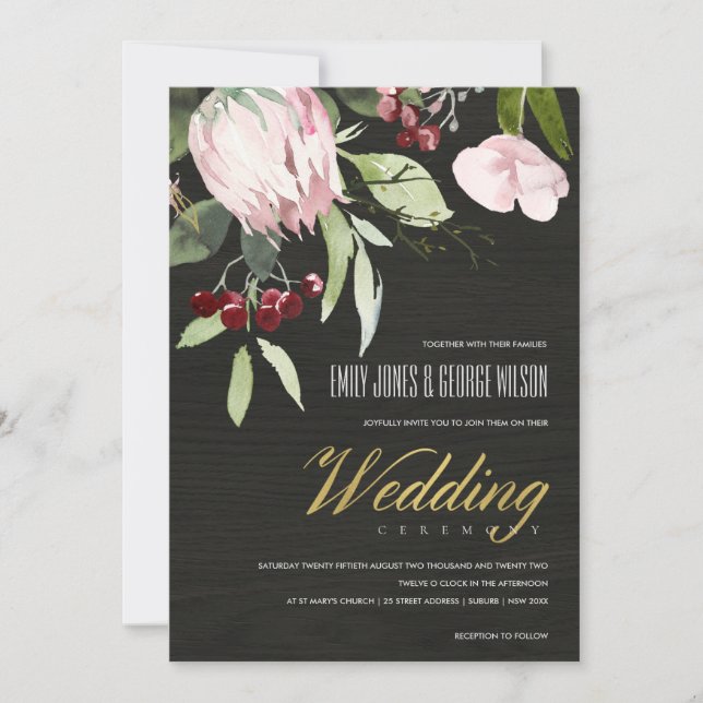 Timber Blush Pink Burgundy Protea Floral Wedding Invitation (Front)
