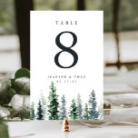 Timber Grove | Personalised Table Number Card<br><div class="desc">Wintry woodland chic table number cards feature a grouping of watercolor pine trees in hunter green and sage green. Personalise with each table number,  with your names and wedding date beneath. Design repeats on reverse side. Coordinates with our Timber Grove wedding invitation suite.</div>