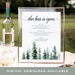 Timber Grove Wedding Bar Menu Sign<br><div class="desc">Invite guests to grab a favourite libation from the bar with our charming rustic wedding bar menu sign. 11x14 poster features a bottom border of watercolor pine trees in rich shades of hunter and forest green, with "the bar is open" in off-black calligraphy script and block lettering. Personalise with your...</div>