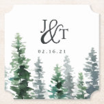 Timber Grove Wedding Monogram & Date Paper Coaster<br><div class="desc">Add personalised charm to your wedding cocktail hour or reception with these woodland chic coasters. Design features your initials joined by a decorative script ampersand, with your wedding date beneath, and a row of watercolor pine trees in wintry shades of muted hunter green and forest green. Designed to match our...</div>