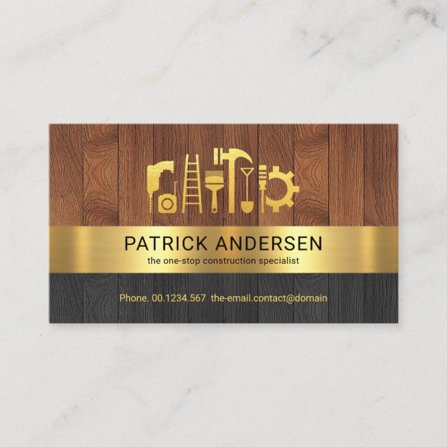 Timber Panels Gold Stripe Handyman Tools Business Card (Front)