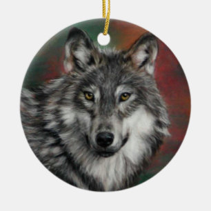 Timber wolf in autumn woods resting ceramic tree decoration