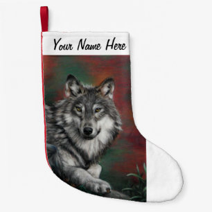 Timber wolf in autumn woods resting small christmas stocking