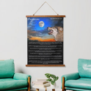 Timber wolf looking at the moon Desiderata Hanging Tapestry