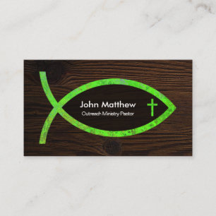 Timber Wood Cross Creative Green Ichthus Pastor Business Card