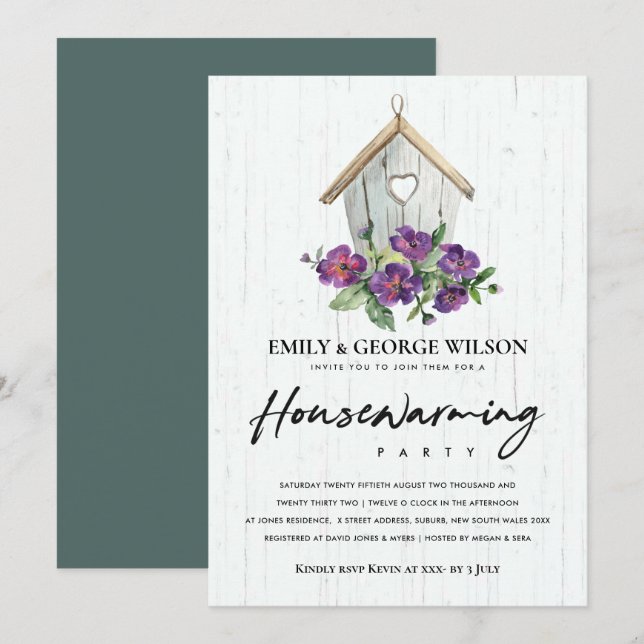 TIMBER WOOD FLORAL BIRD HOUSE HOUSEWARMING PARTY INVITATION (Front/Back)