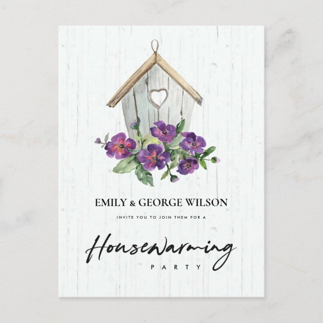 TIMBER WOOD FLORAL BIRD HOUSE HOUSEWARMING PARTY POSTCARD (Front)