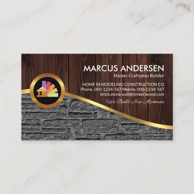 Timber Wood Stone Wall Gold Wave Business Card (Front)