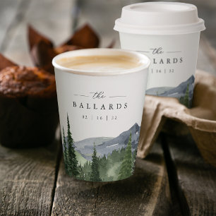 Timberline   Watercolor Mountain Forest Wedding Paper Cups