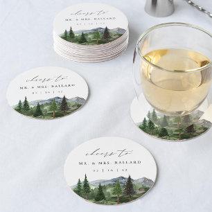 Timberline Watercolor Mountain Forest Wedding Round Paper Coaster