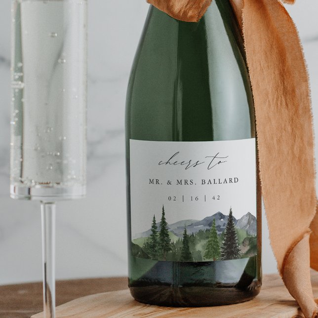 Timberline | Watercolor Mountain Forest Wedding Sparkling Wine Label (Creator Uploaded)